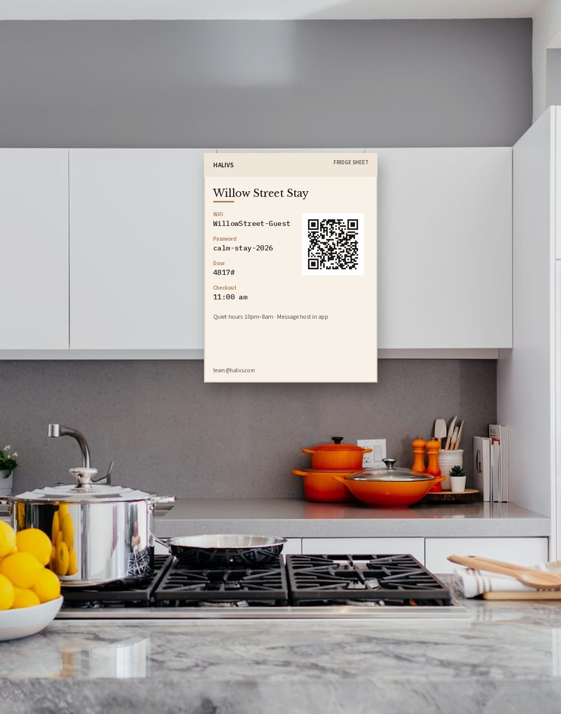 Fridge cheat sheet on a kitchen cabinet