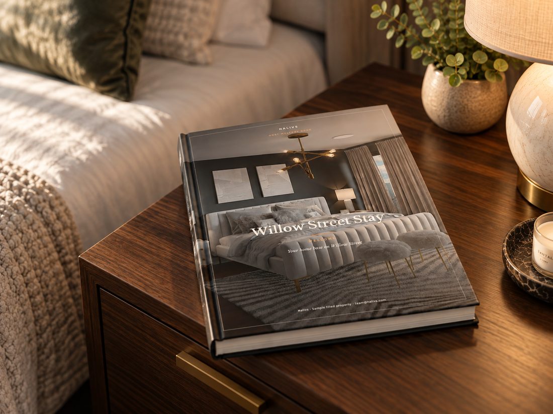Halivs welcome book on a nightstand